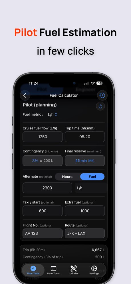 Pilot fuel calculator estimating trip fuel with contingency and reserve