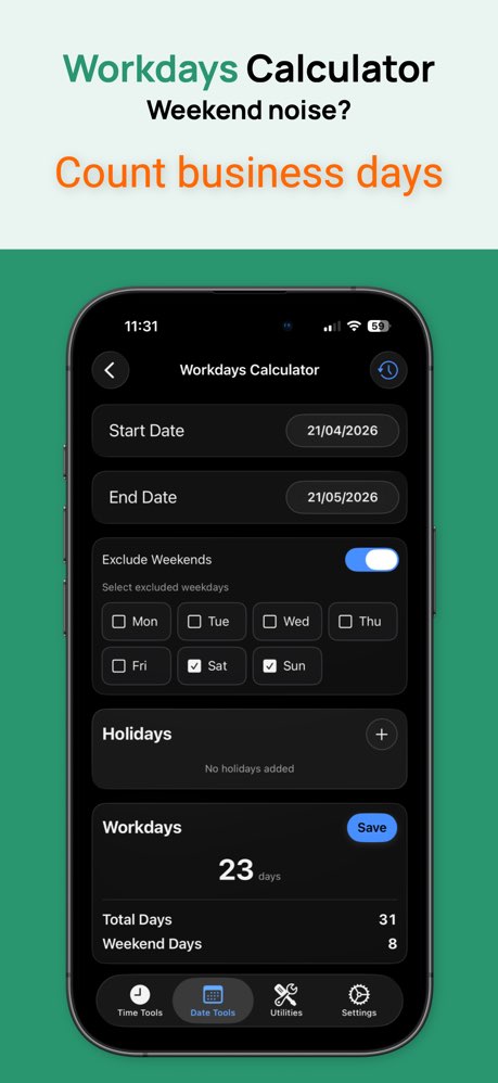 Workdays calculator counting business days and excluding weekends