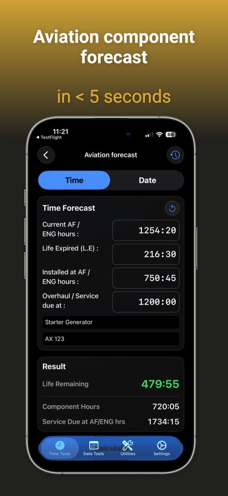Aviation component forecast showing life remaining and service due hours