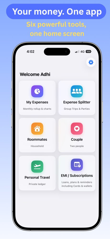 Home hub with six tiles: My Expenses, Expense Splitter, Roommates, Couple, Personal Travel, EMI/Subscriptions