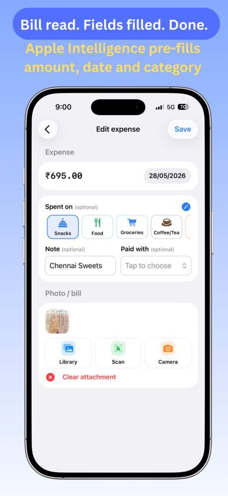 Adding an expense with a scanned receipt auto-filling amount, date, and category
