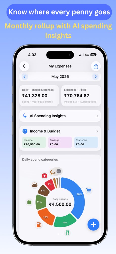 My Expenses monthly rollup with AI spending insights and category chart