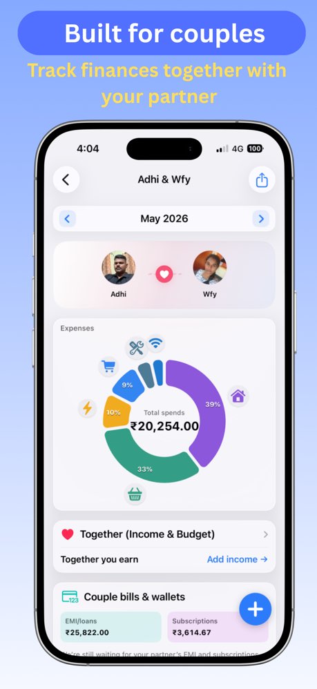 Couple space tracking shared finances, expenses, and bills together